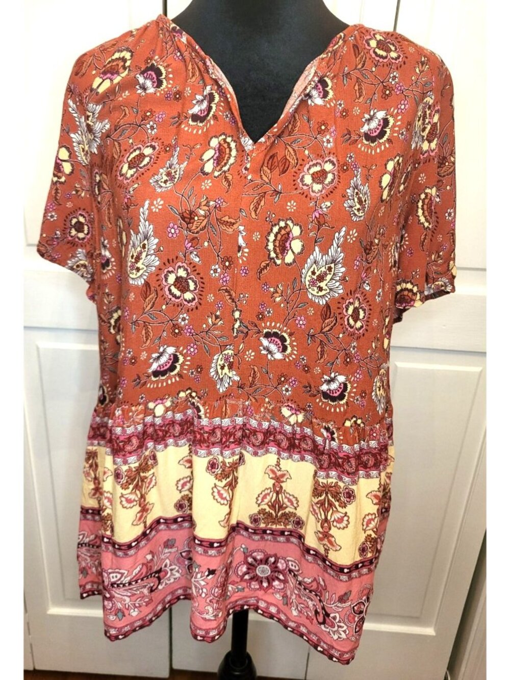 Knox Rose Rust Pink Floral Babydoll Top Ruffle L Boho Fall Hippie Teacher Flowy